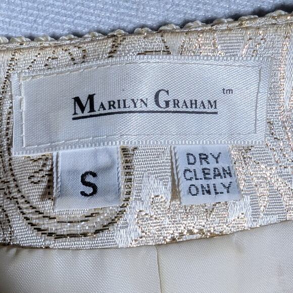 Vtg 1990s Marilyn Graham Ivory Satin Gold Paisley Pearl Button Glam Jacket Sz S - Picture 3 of 3